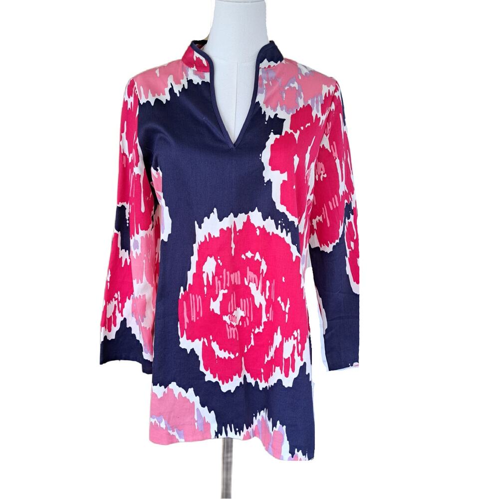 LILLY PULITZER Ciara V-neck Tunic Top Pink Navy Blue Brava Small Preppy Floral
